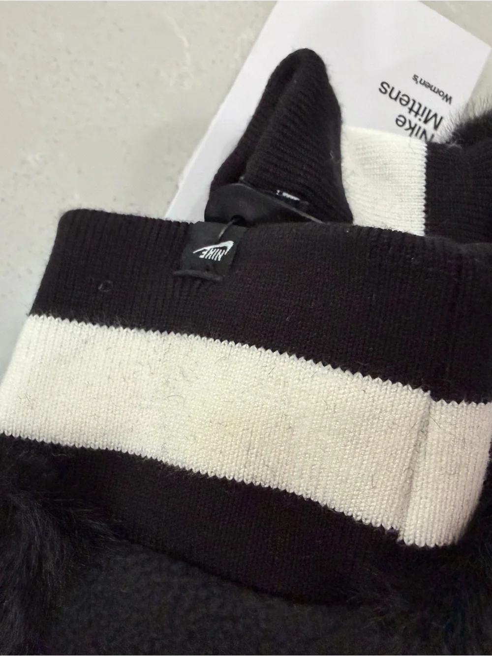 Nike Faux Fur Mittens Black Cream Logo Winter Gloves XS/S NWT